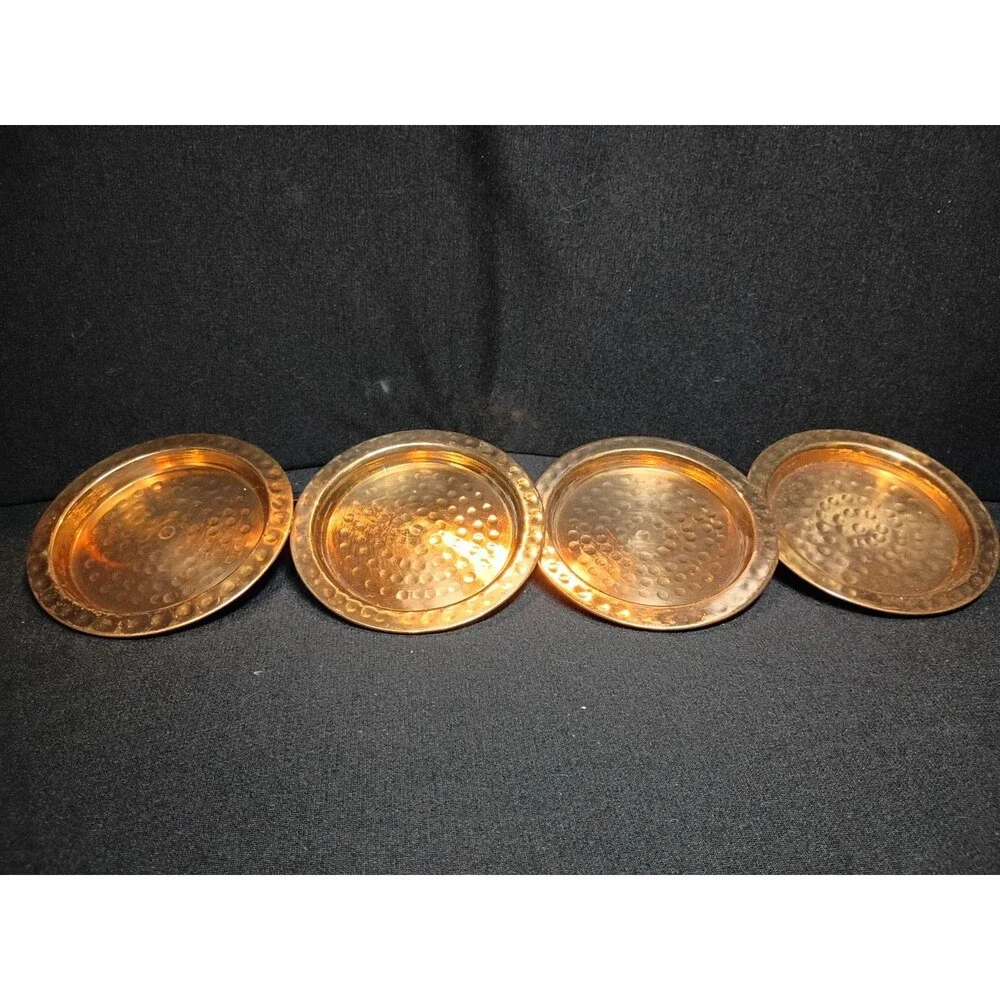 Set of 4 Hammered Copper Coasters Round Rustic Barware Cocktail Drink